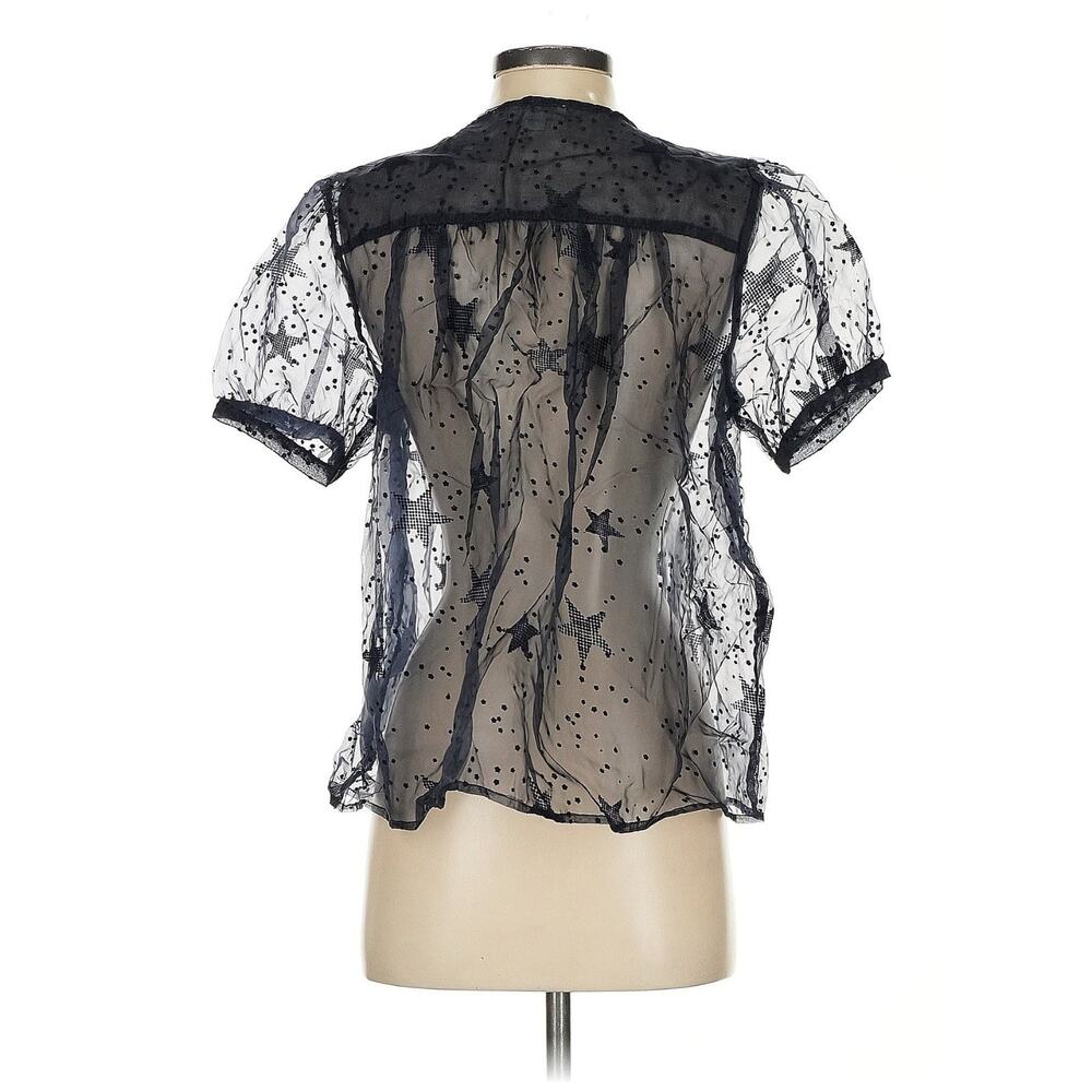 Anthropologie Let Me Be Sheer Navy Blue Velvet Star Pattern Puff Sleeve Blouse S - Picture 3 of 5